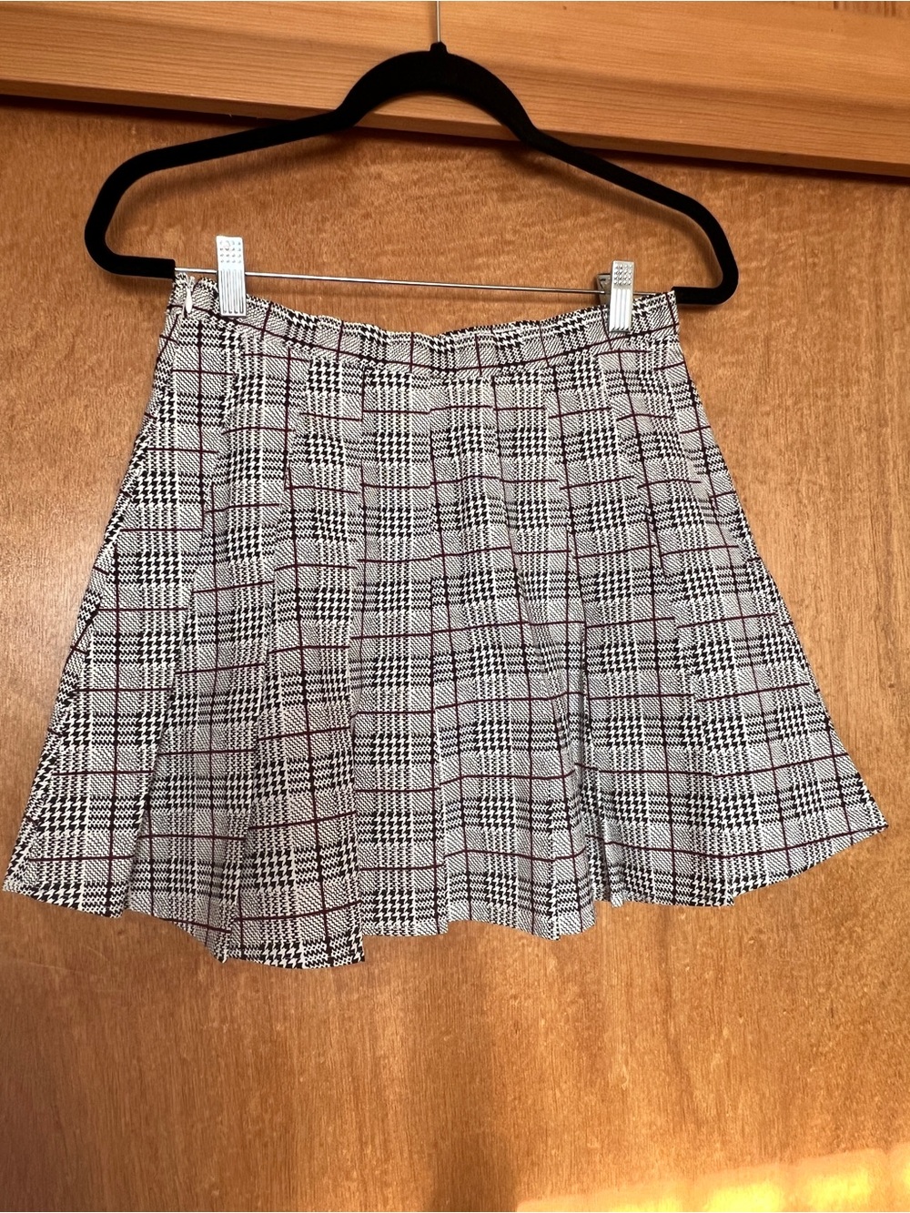 AKIRA Black & White Plaid Pleated Mini Skirt with Red Accents